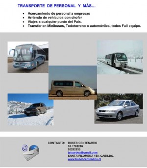BUSES CENTENARIO Turismo en Chile en Valpara&iacute;so |  BUSES / MINIBUSES DE TURISMO PULLMAN, VIAJES ESPECIALES, TRANSPORTE DE PERSONAL, ACERCAMIENTO DE TRABAJADORES A EMPRESAS, MINERAS Y AGENCIAS DE TURISMO