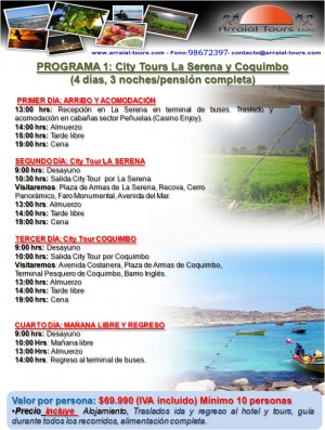 Arraial Tours Turismo en Chile en Santiago |  La Serena y Coquimbo programas en grupo giras $69.990 p/persona 4 d&iacute;as , giras, grupos, la serena, valle de elqui, turismo, isla damas