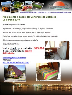 Arraial Tours Turismo en Chile en Santiago |  Alojamiento a pasos del X Congreso Latinoamericano de Bot&aacute;nica - Chile, Congreso Bot&aacute;nica, alojamiento cercano, casino enjoy, la serena, economico